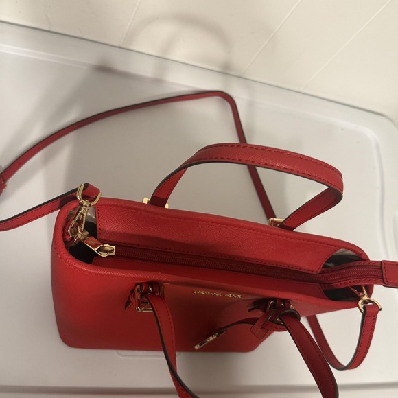 Michael Kors Crossbody Bag Womens Red Saffiano Leather Small MK Tote Purse - Picture 10 of 14